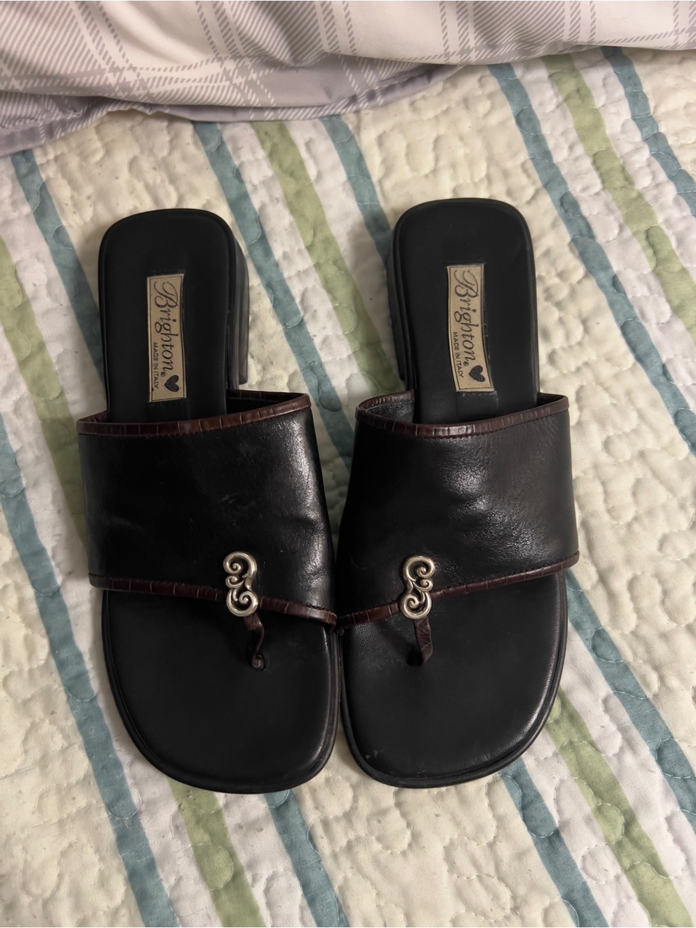 Vintage Brighton Black Leather Slide Mules with Silver Accent